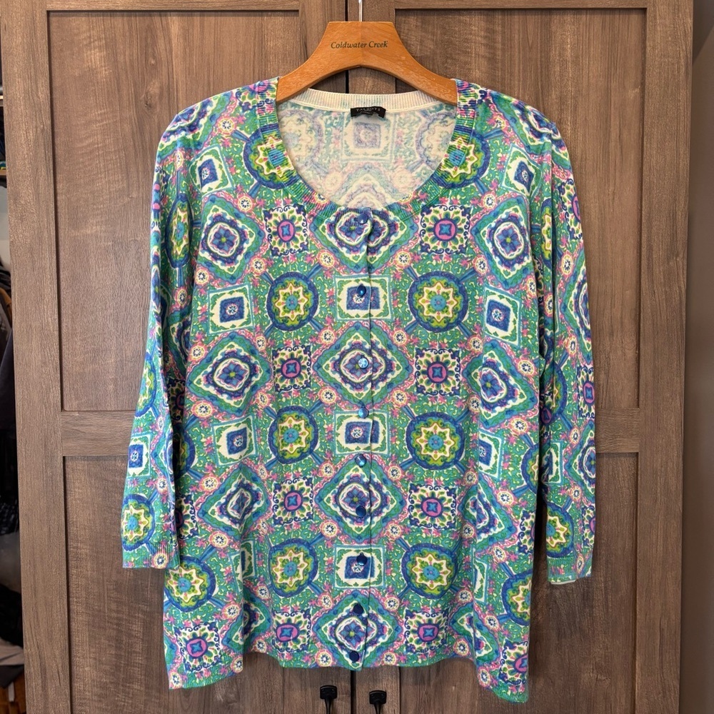 Talbots Woman 2X Cardigan‎ Multicolor Geometric Sweater 3/4 sleeves